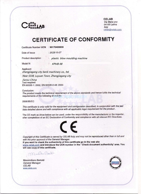China Zhangjiagang City Benk Machinery Co., Ltd. certification